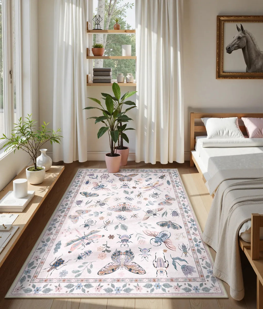 Vionnet Washable Modern Parisian Insect Light Pink Rug1 Area Rugs Lahome