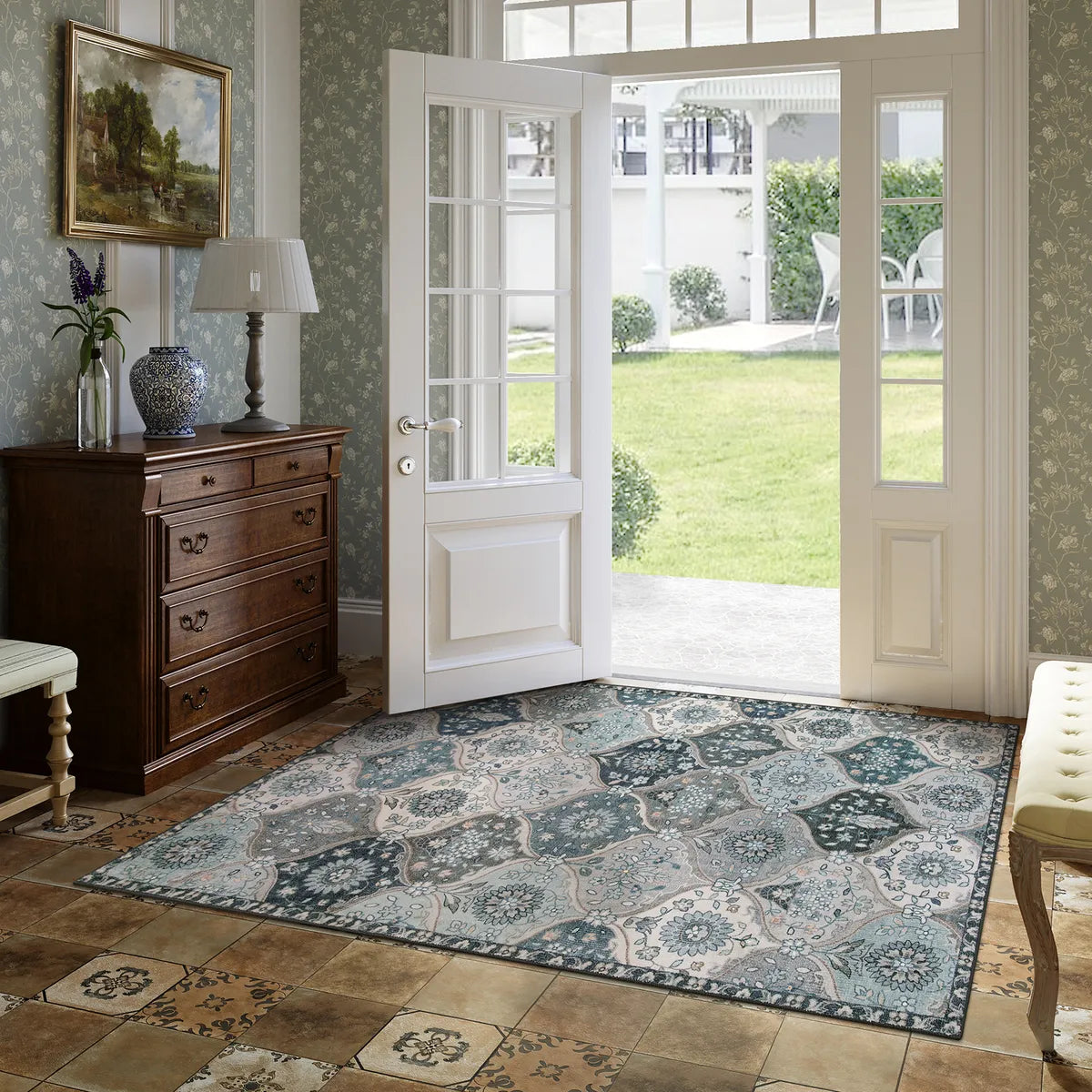 Elise Washable Ultra-thin Vintage Floral Moroccan Trellis Blue Rug Area Rugs Lahome