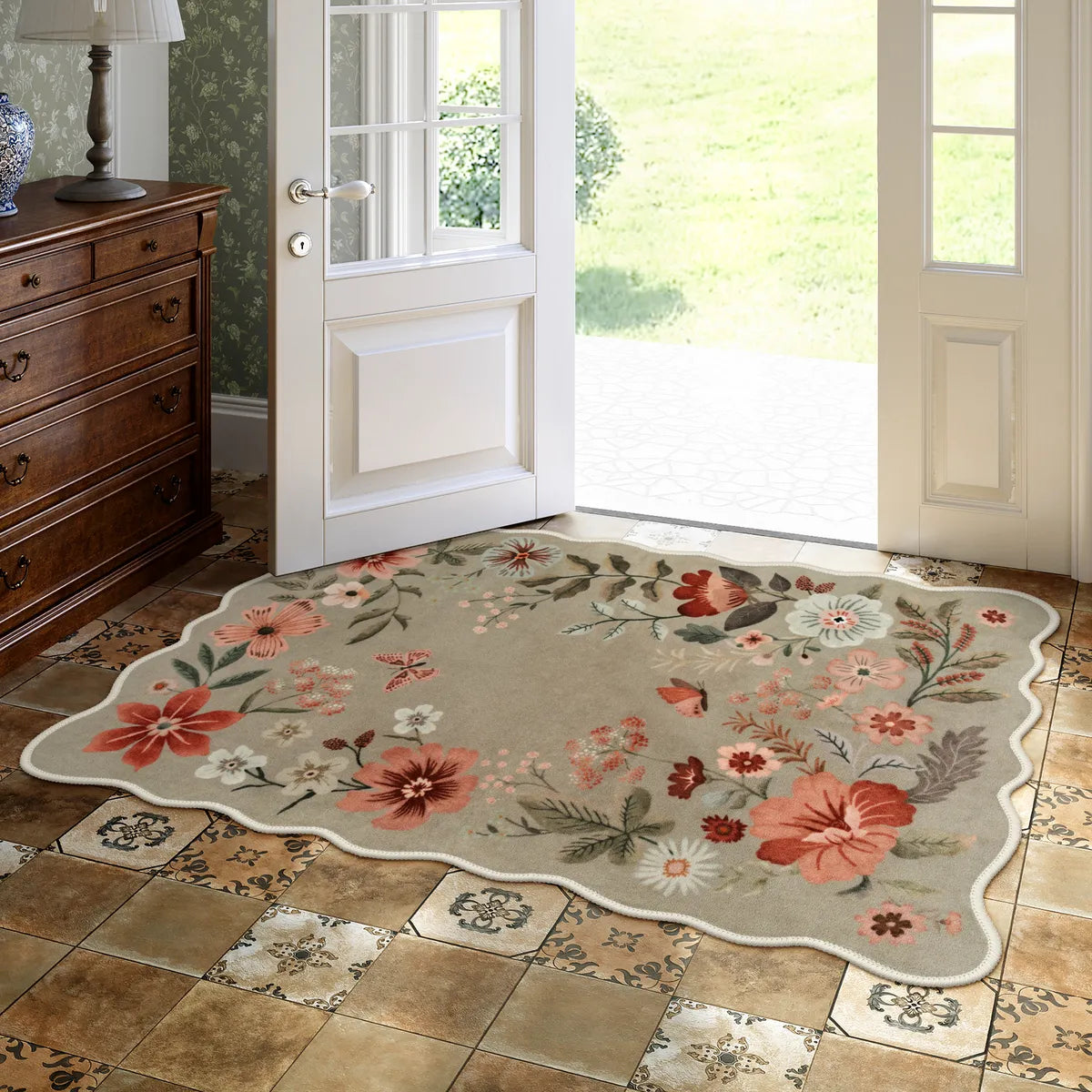 Flore Washable Boho Modern Parisian Floral Scalloped Brown Rug Area Rugs Lahome