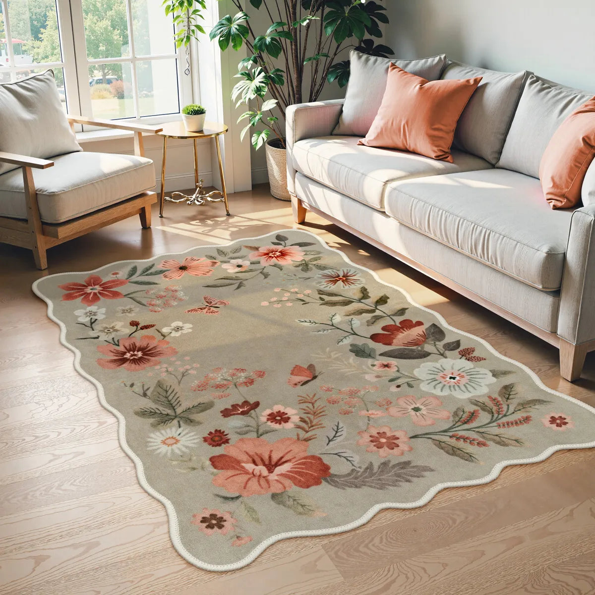 Flore Washable Boho Modern Parisian Floral Scalloped Brown Rug Area Rugs Lahome