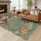 Flore Washable Boho Modern Parisian Floral Scalloped Green Rug Area Rugs Lahome 4' x 6'