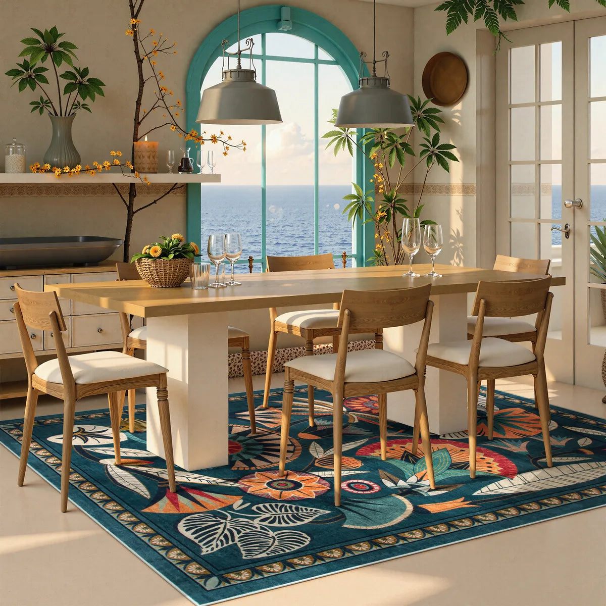 Zaya Washable Egyptian-Inspired Botanical Teal Blue Rug Rugs Lahome