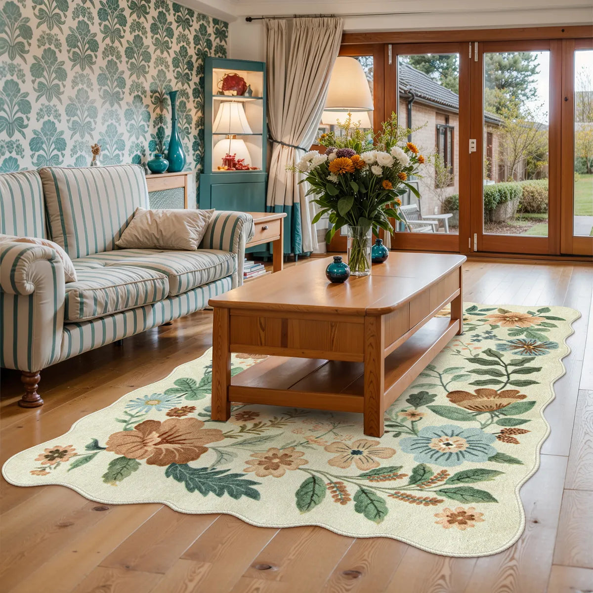Flore Washable Boho Modern Parisian Floral Scalloped Beige Rug Clearance Rugs Lahome