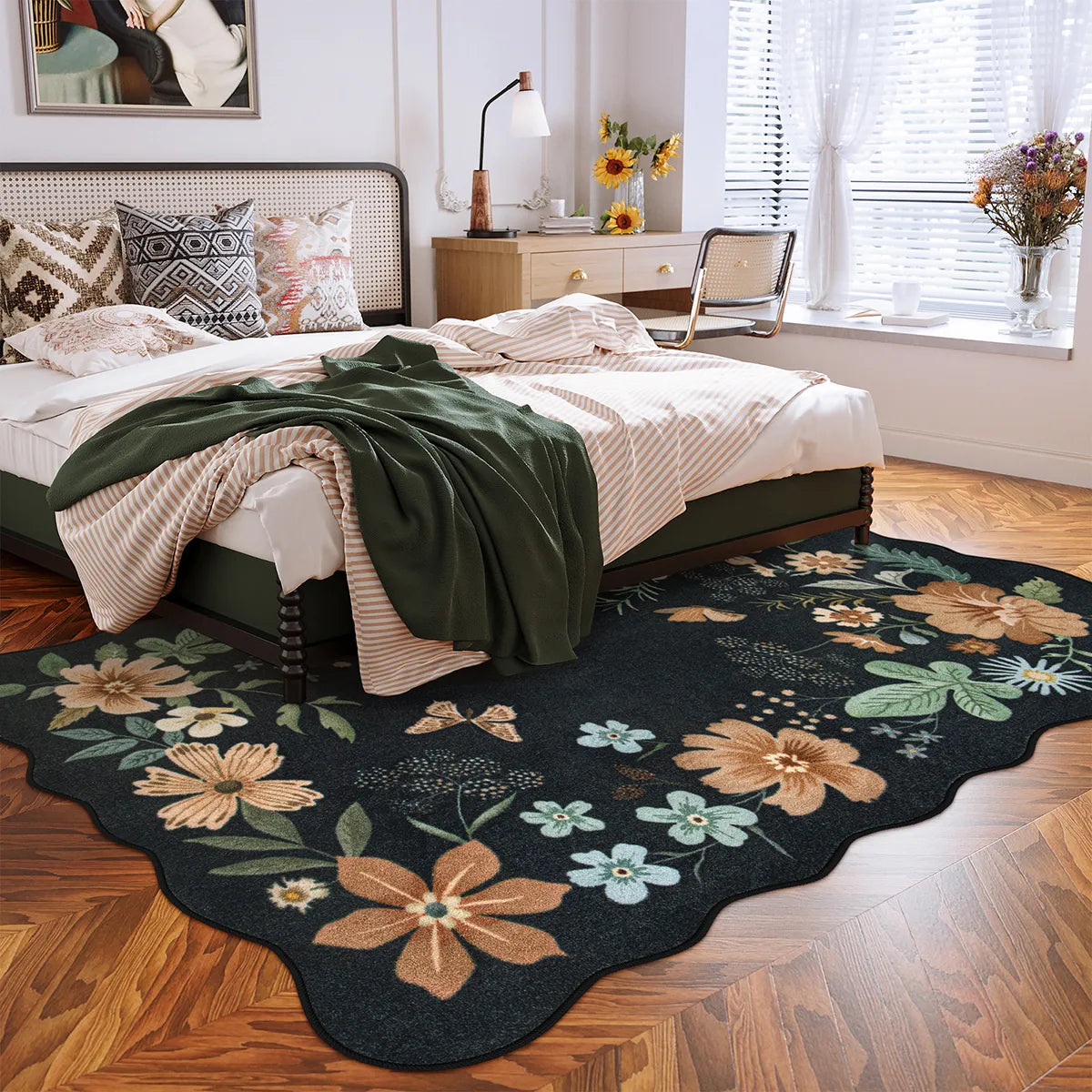 Flore Washable Boho Modern Parisian Floral Scalloped Black Rug Area Rugs Lahome