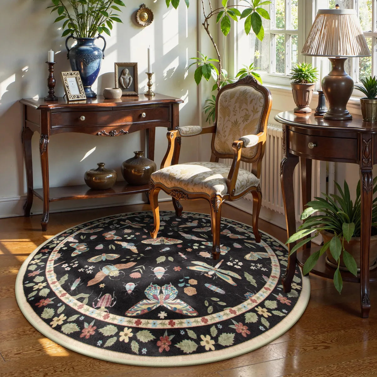 Vionnet Washable Modern Parisian Insect Black Rug Rugs Lahome 4' Round