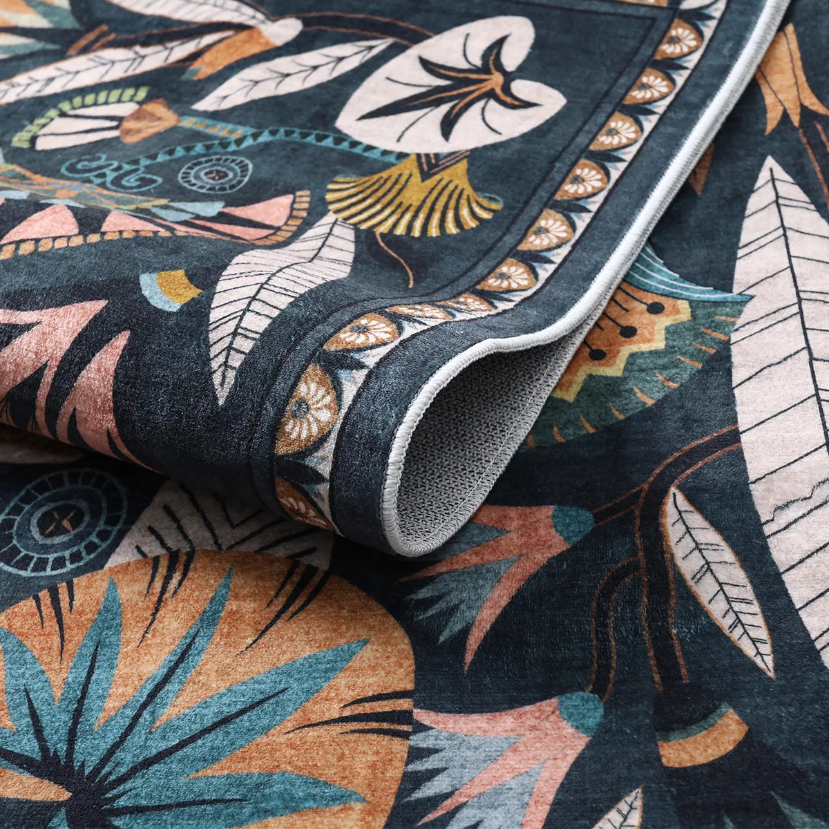 Zaya Washable Egyptian-Inspired Botanical Navy Blue Rug Rugs Lahome