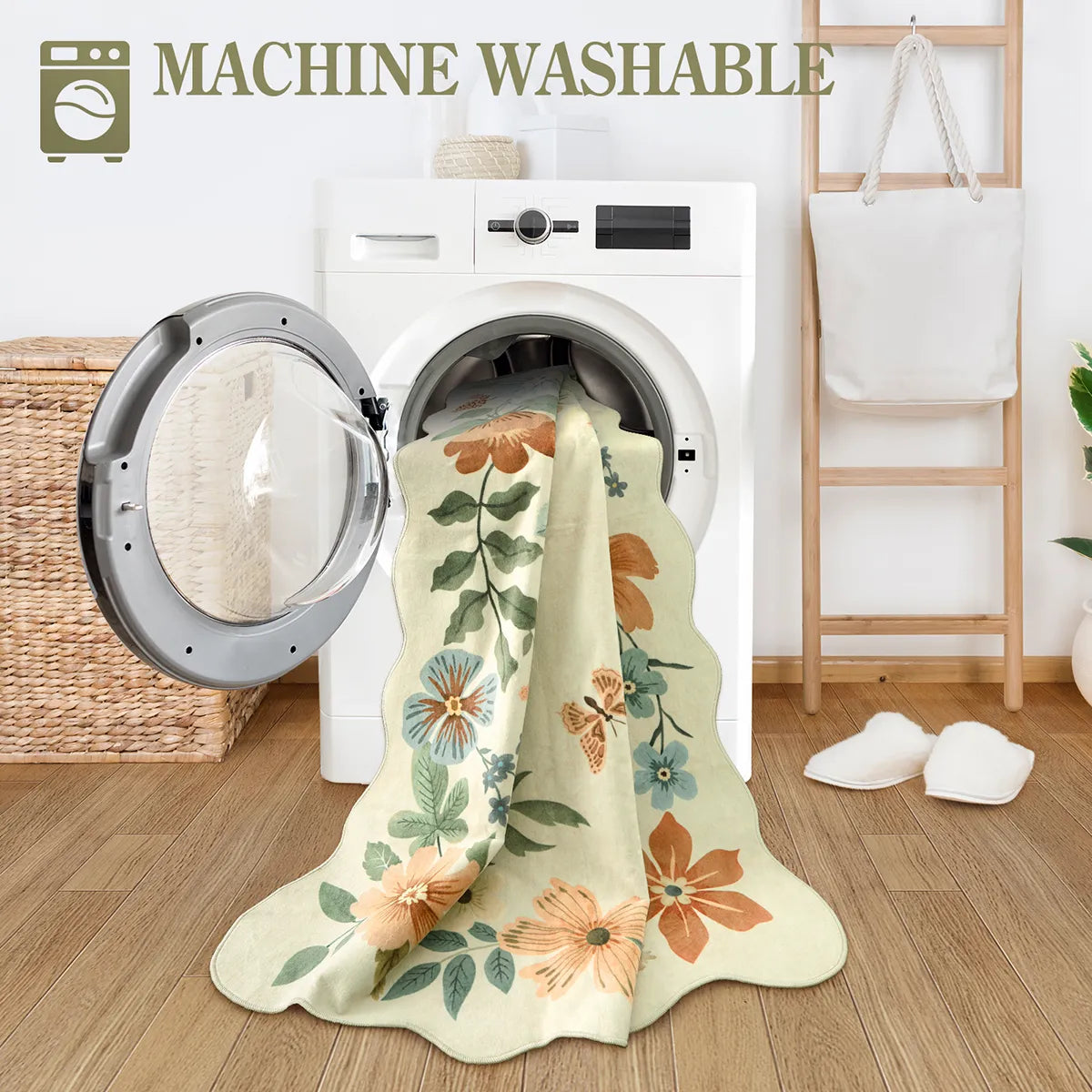 Flore Washable Boho Modern Parisian Floral Scalloped Beige Rug Area Rugs Lahome