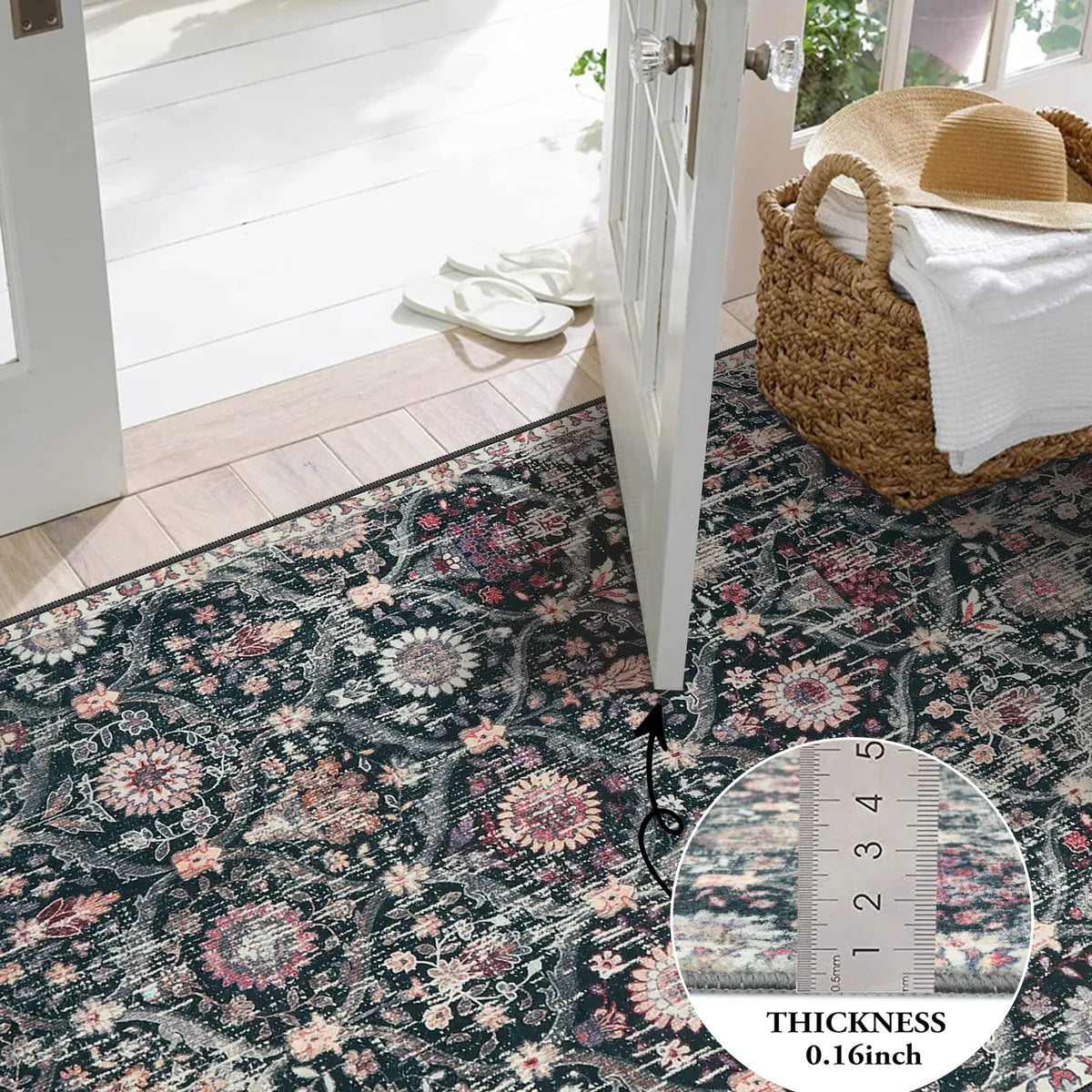 Elise Washable Ultra-thin Transitional Vintage Floral Moroccan Trellis Black Rug Area Rugs Lahome