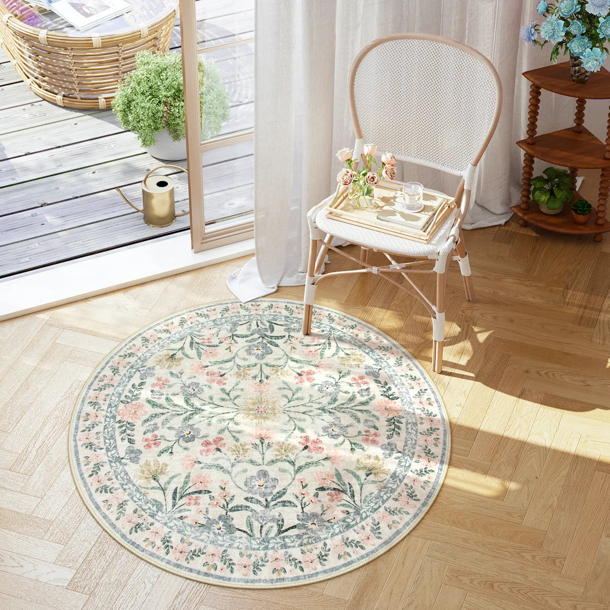 Sylvie Washable Boho Modern Parisian Garden Floral Beige Rug Area Rugs Lahome