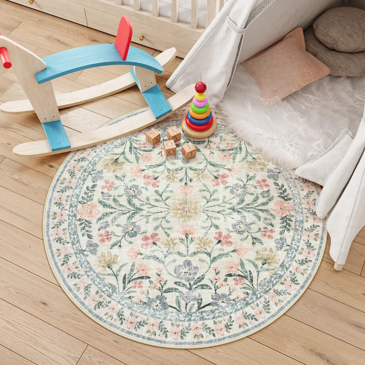 Sylvie Washable Boho Modern Parisian Garden Floral Beige Rug Area Rugs Lahome