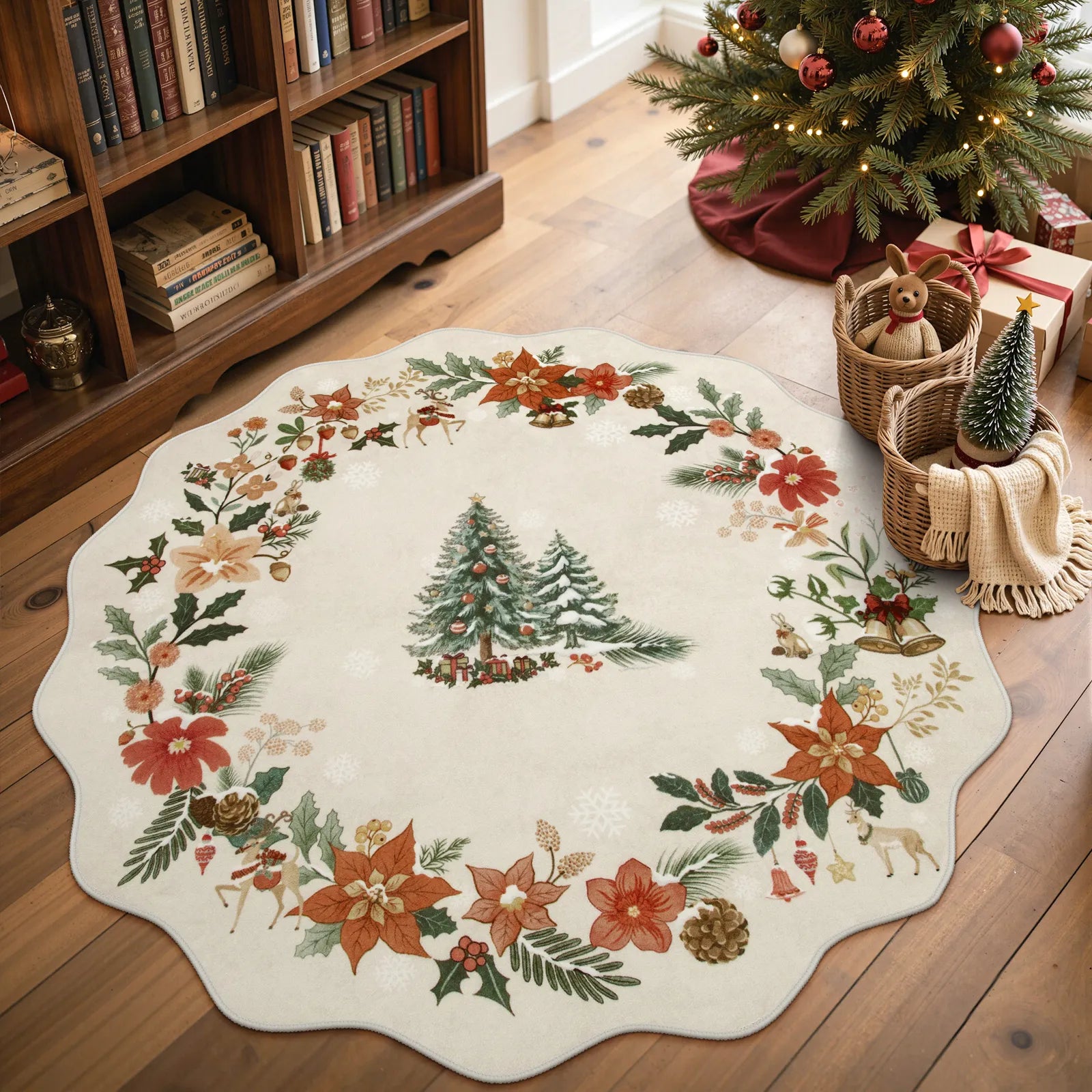 Nicolas Christmas Washable Floral Bell Beige Rug Area Rugs Lahome