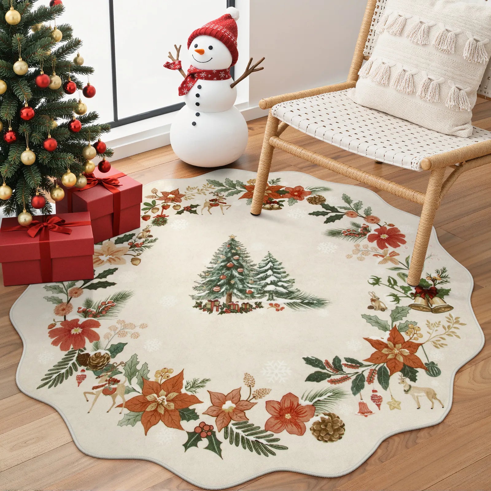 Nicolas Christmas Washable Floral Bell Beige Rug Area Rugs Lahome 4' Round