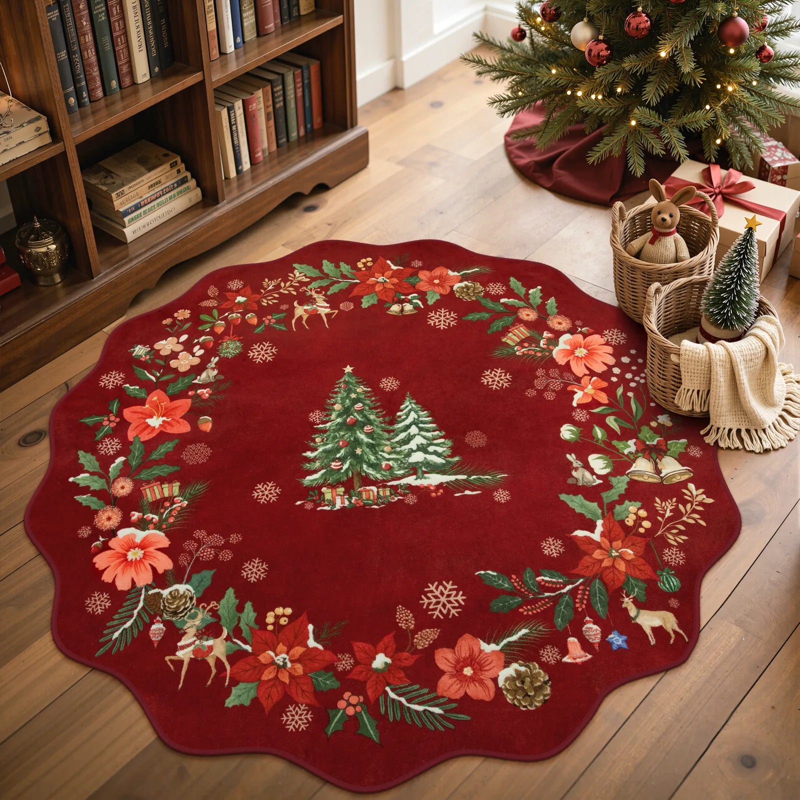 Nicolas Christmas Washable Floral Bell Red Rug Area Rugs Lahome 4' Round