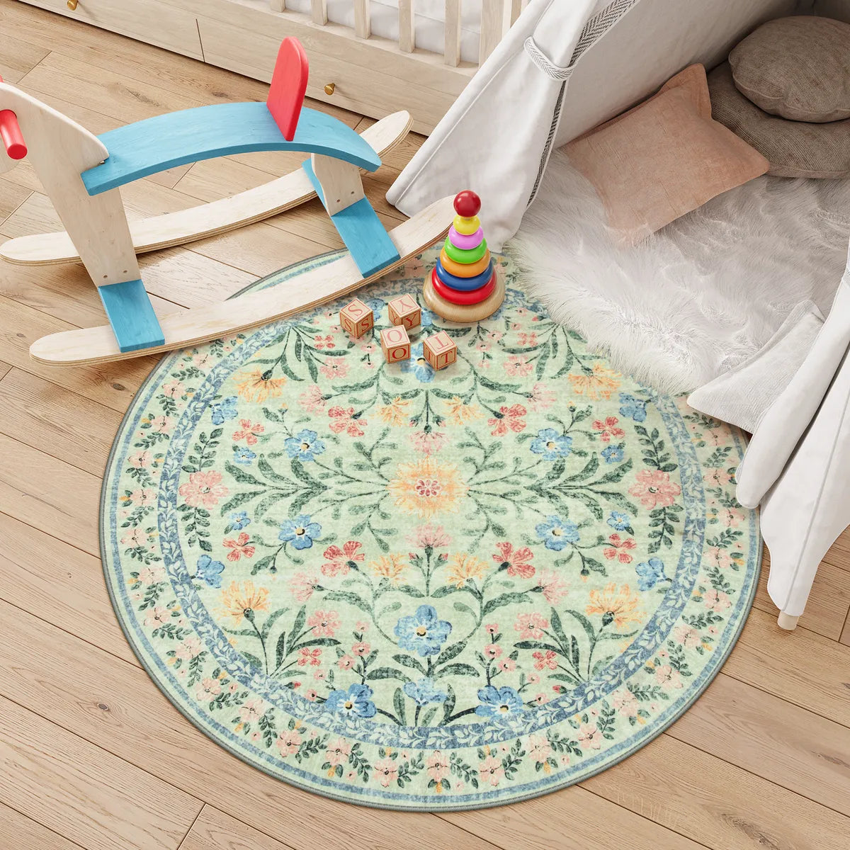 Sylvie Washable Boho Modern Parisian Garden Floral Green Rug Area Rugs Lahome 4' Round