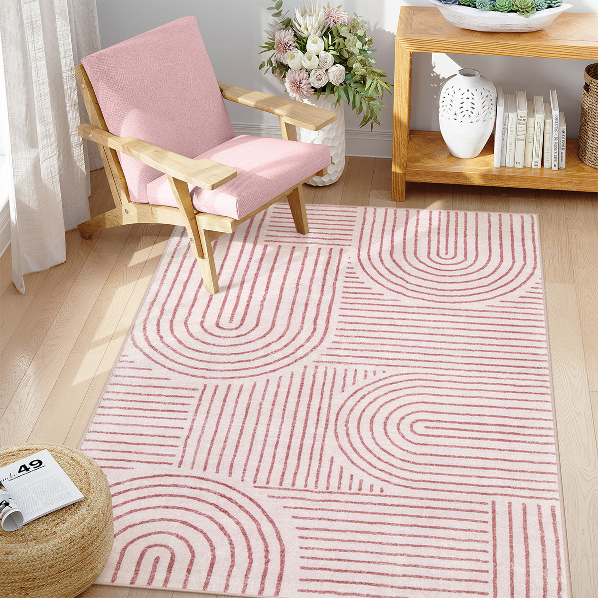 Darrell Washable Abstract Rainbow Stripe Pink/White Rug Clearance Rugs Lahome 4' x 6'