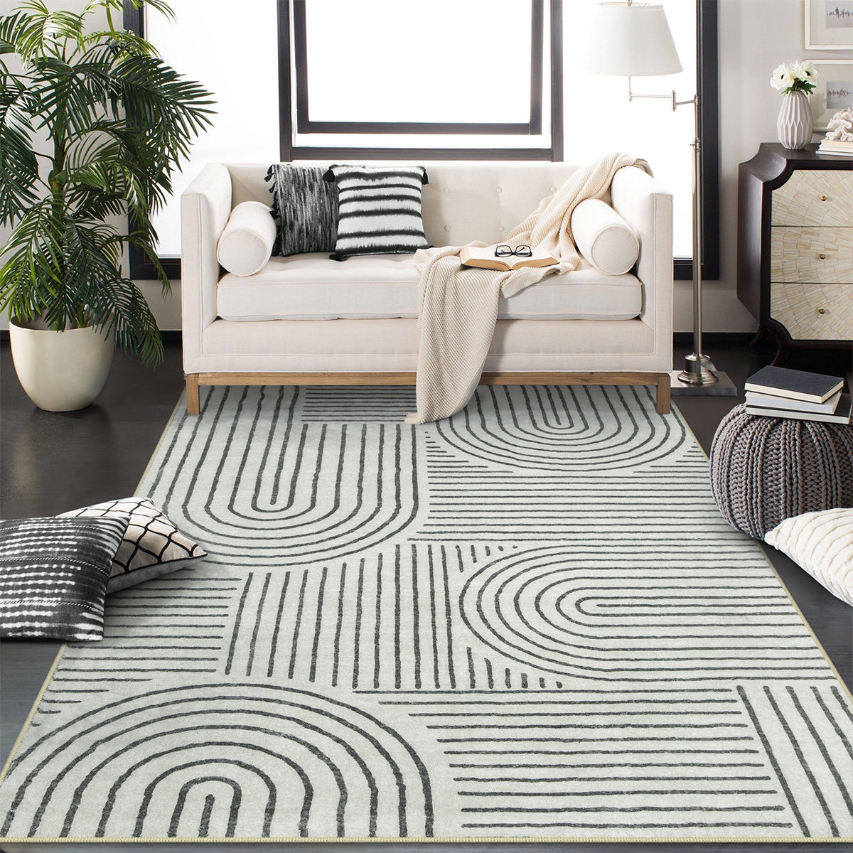 Darrell Washable Abstract Rainbow Stripe Grey/Beige Rug Clearance Rugs Lahome