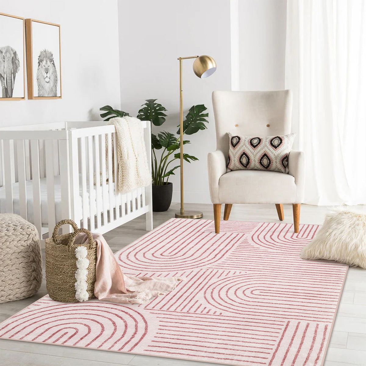 Darrell Washable Abstract Rainbow Stripe Pink/White Rug Clearance Rugs Lahome