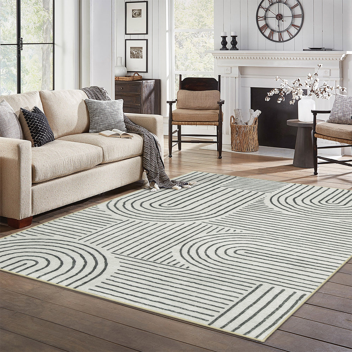 Darrell Washable Abstract Rainbow Stripe Grey/Beige Rug Clearance Rugs Lahome 4' x 6'