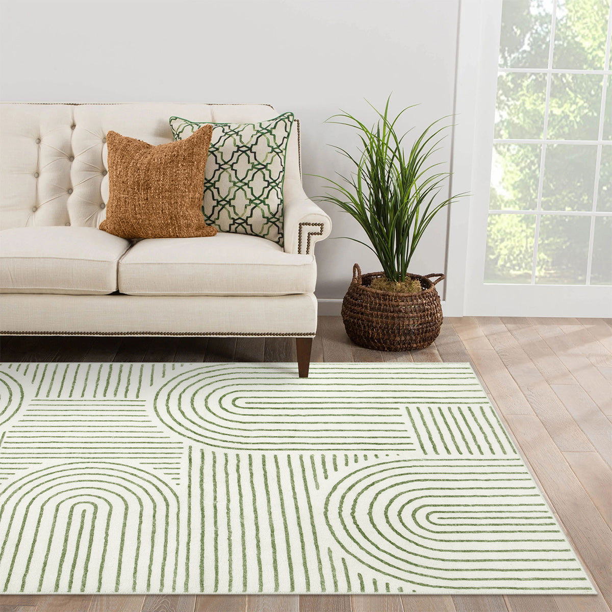 Darrell Washable Abstract Rainbow Stripe Green/White Rug Area Rugs Lahome