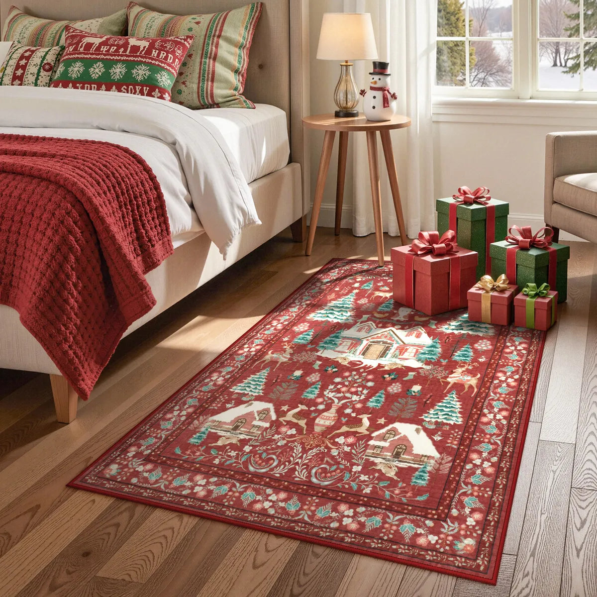 Kylian Christmas Washable Winter Snow House Red Rug Area Rugs Lahome