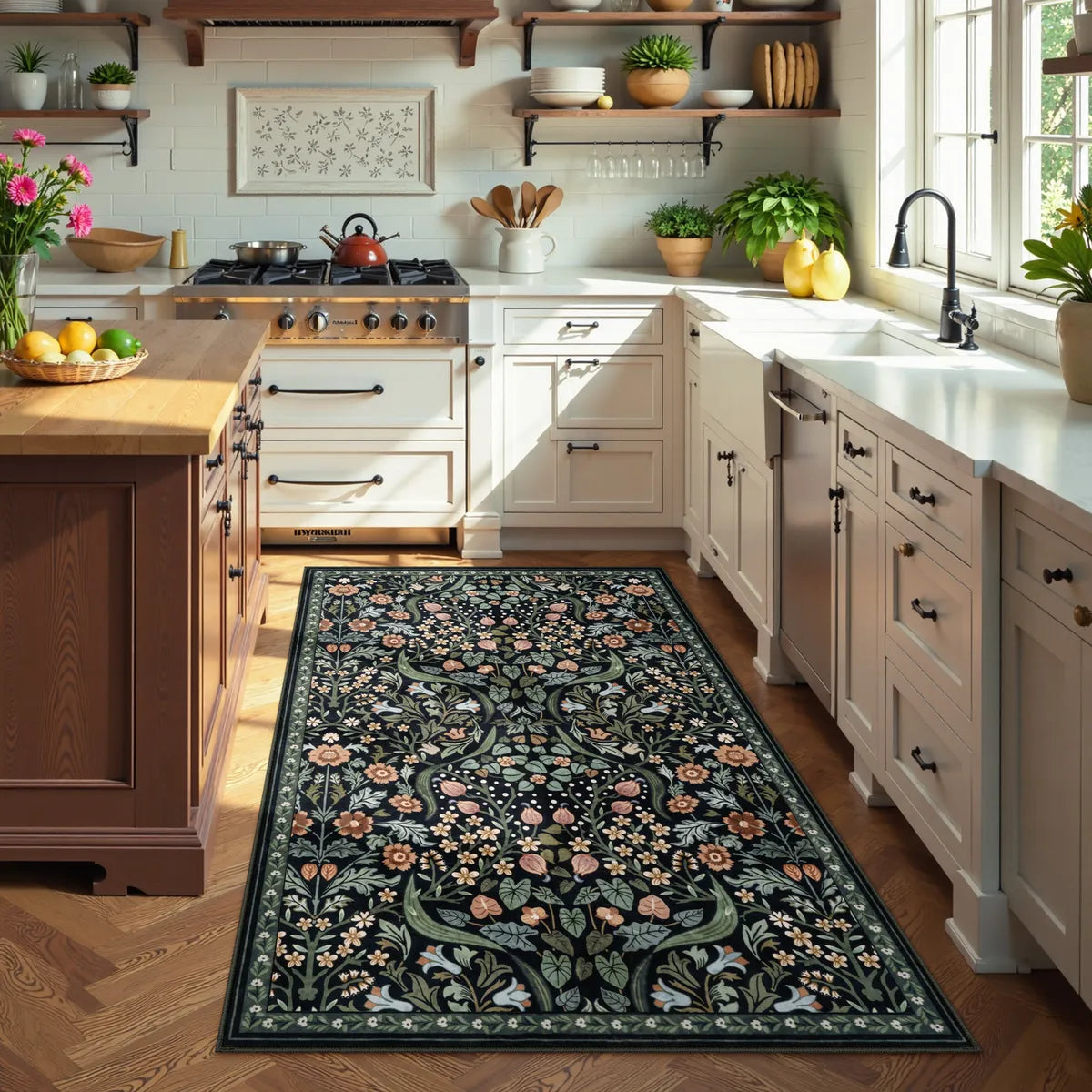 Claude Washable Maximalism Vibrant Blossom Floral Black Rug Area Rugs Lahome