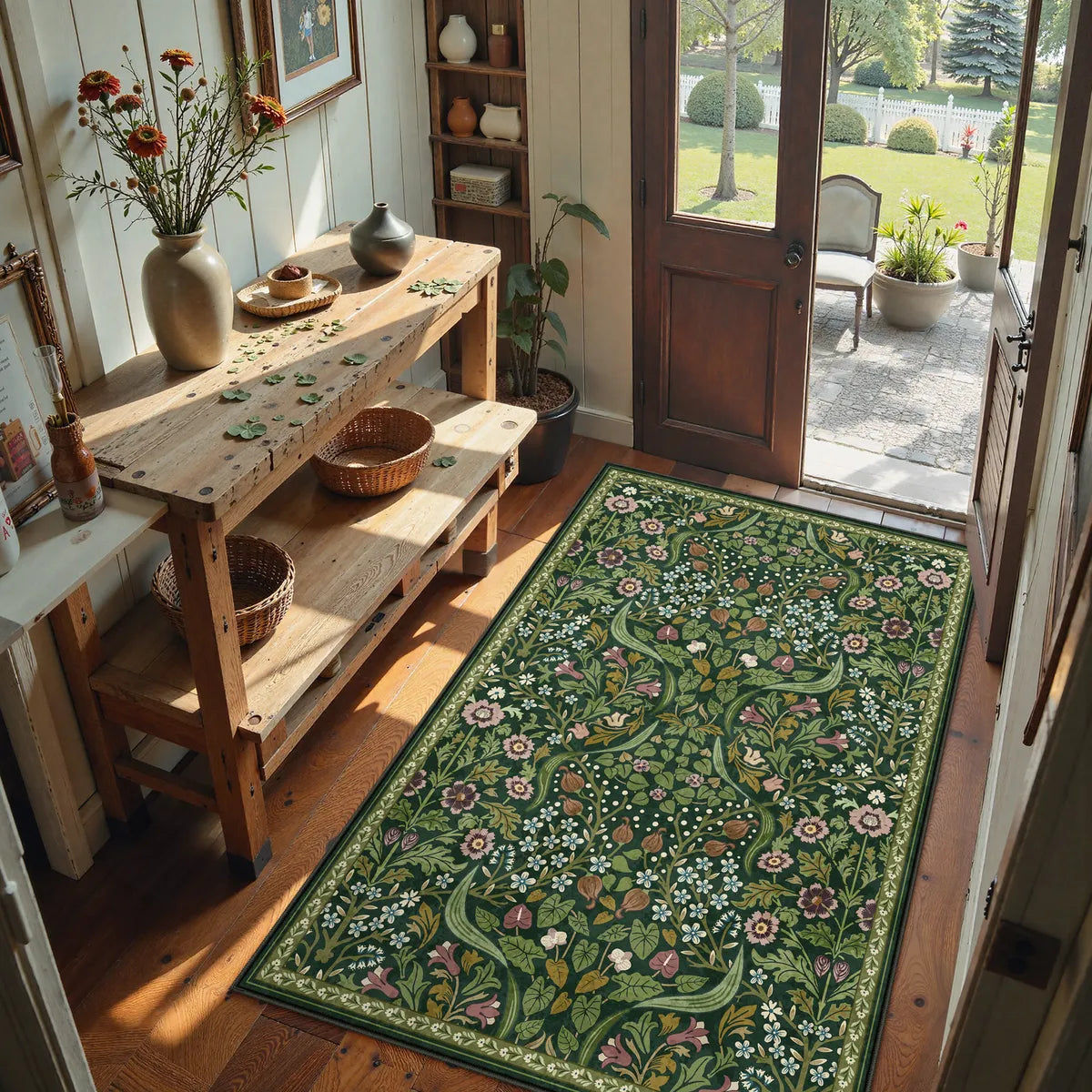Claude Washable Maximalism Vibrant Blossom Floral Dark Green Rug Area Rugs Lahome