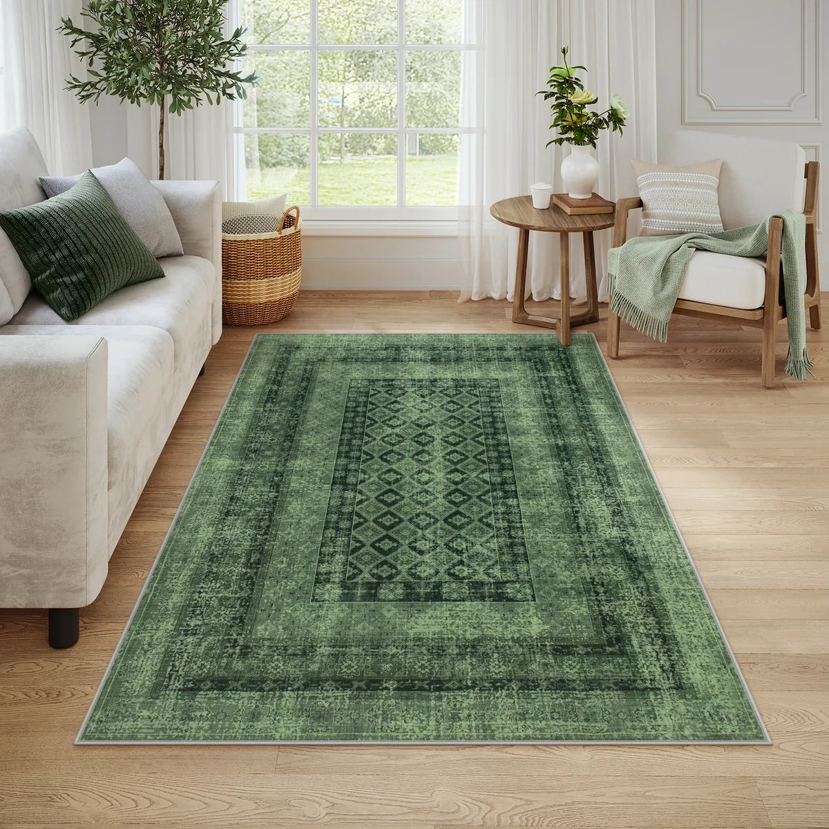 Daisy Washable Vintage Farmhouse Distressed Green Rug Area Rugs Lahome