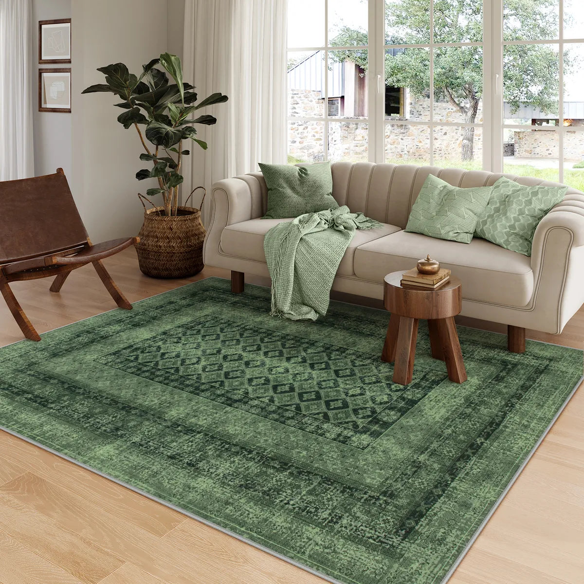 Daisy Washable Vintage Farmhouse Distressed Green Rug Area Rugs Lahome 4' x 6'
