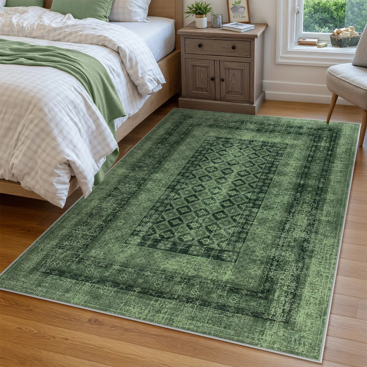 Daisy Washable Vintage Farmhouse Distressed Green Rug Area Rugs Lahome
