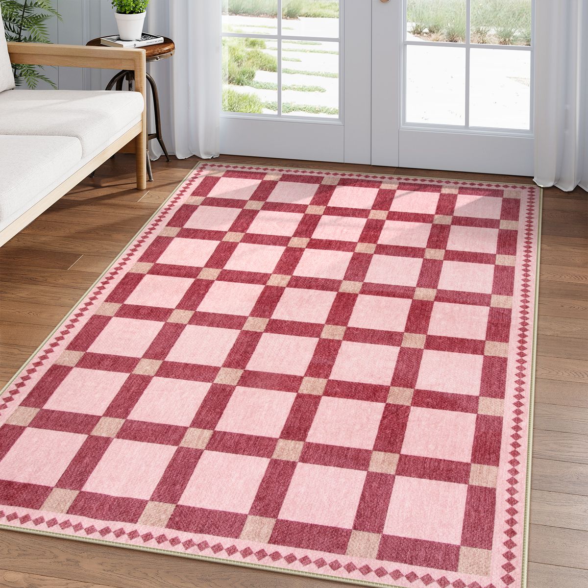 Louise Washable Modern Playful Checkered Pink Rug Area Rugs Lahome 4' x6'