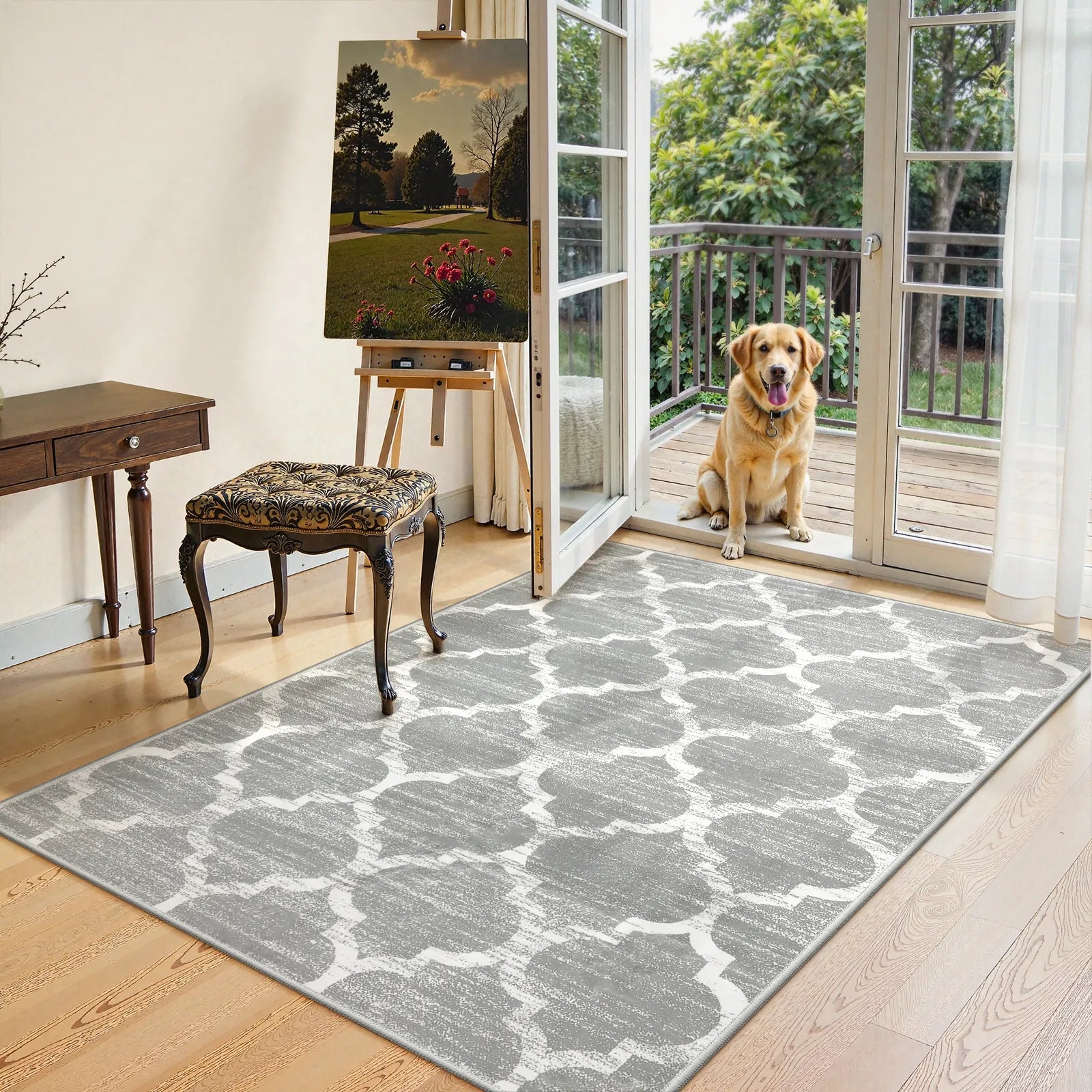 Meline Washable Classic Moroccan Trellis Light Grey Rug Area Rugs Lahome