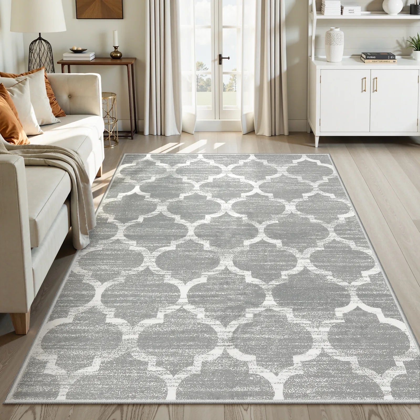 Meline Washable Classic Moroccan Trellis Light Grey Rug Area Rugs Lahome 4' x 6'