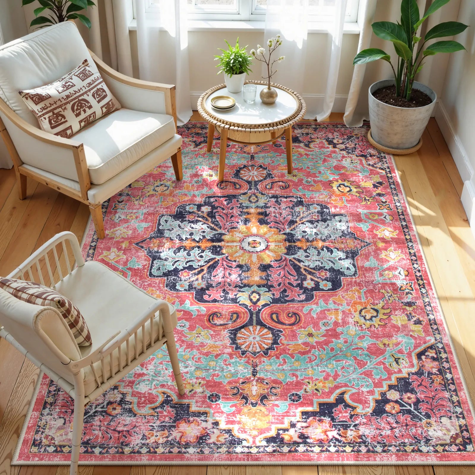 Reine Washable Bohemian Floral Medallion Red Rug Clearance Rugs Lahome