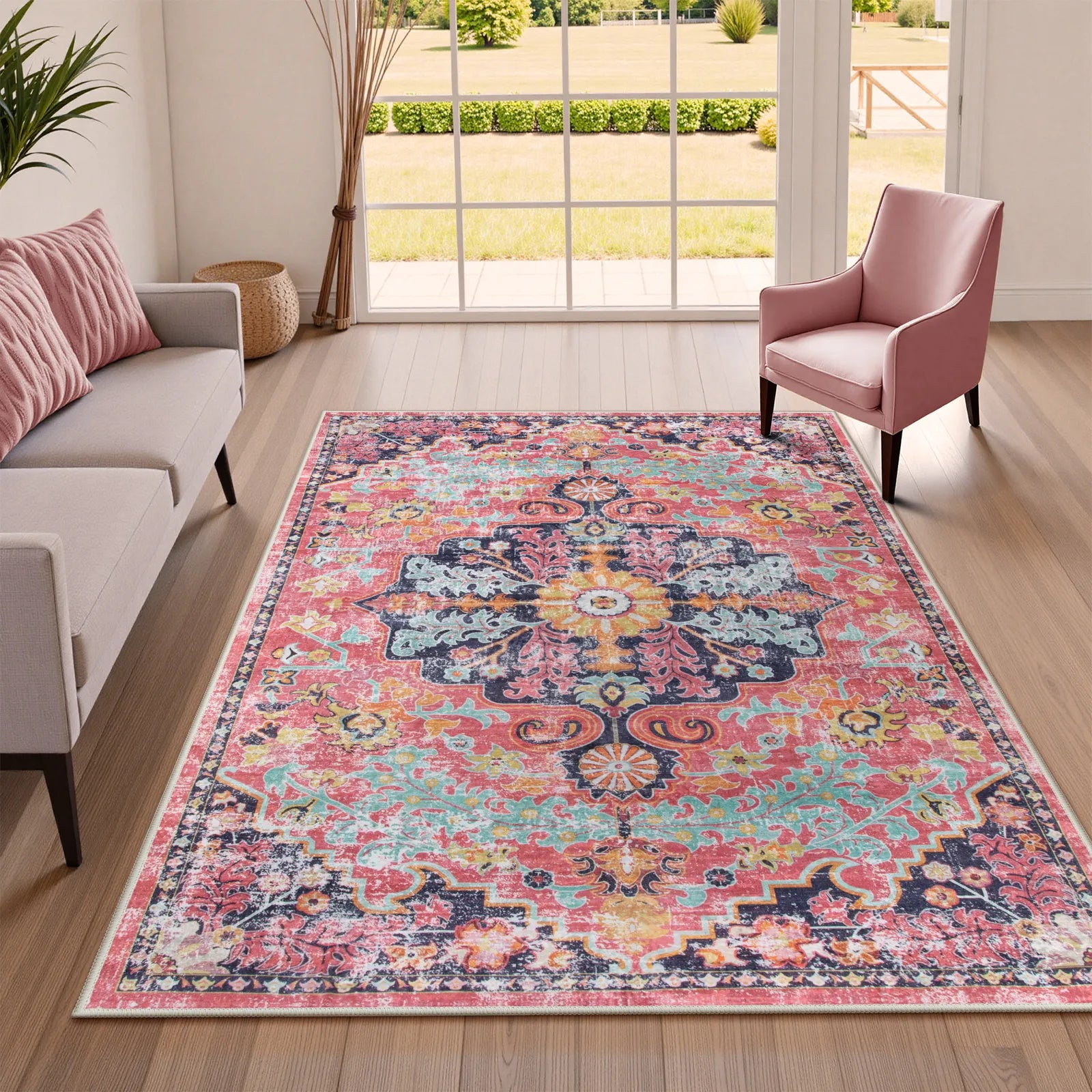 Reine Washable Bohemian Floral Medallion Red Rug Clearance Rugs Lahome 4' x 6'
