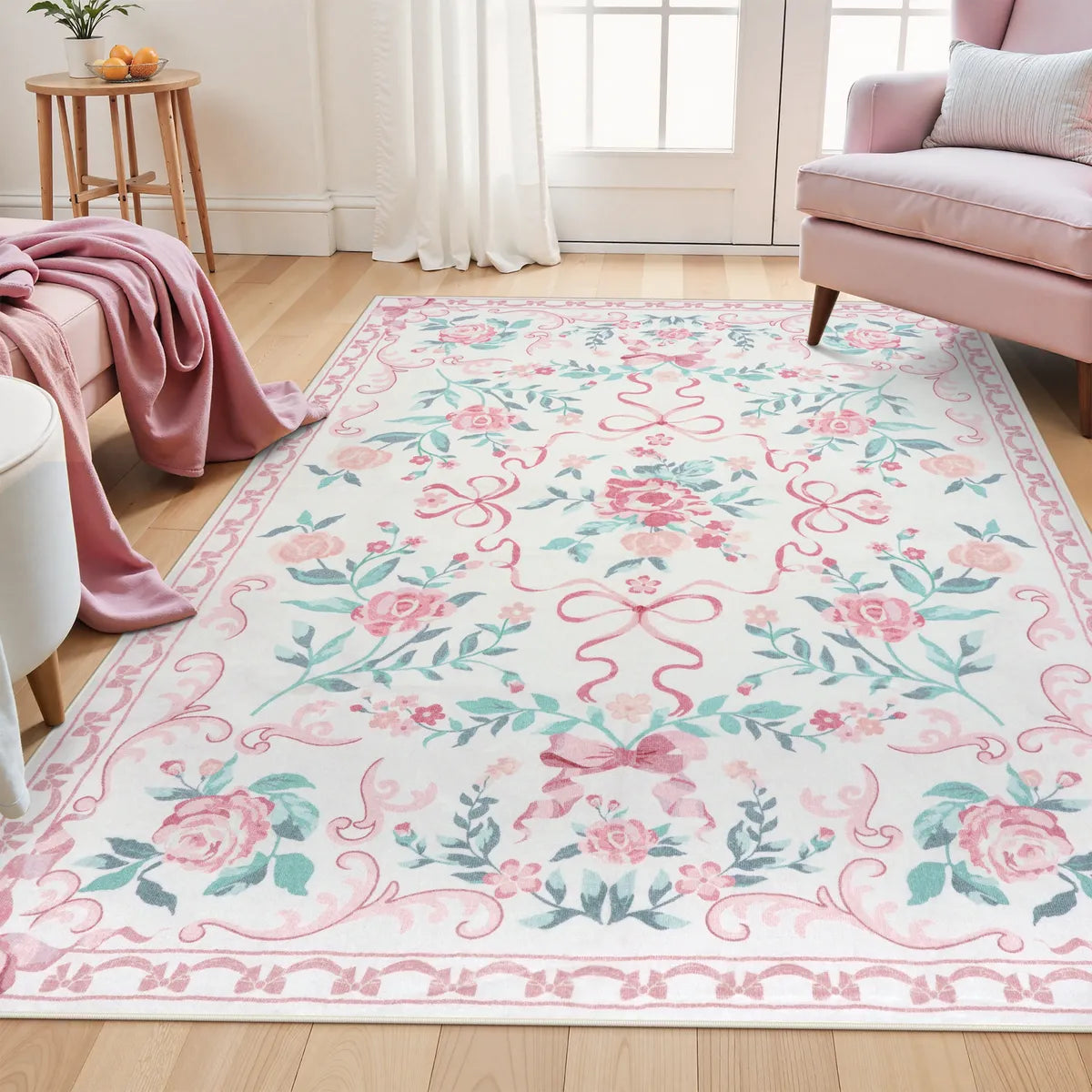 Rosabel Washable Floral Bows Pink Rug Area Rugs Lahome