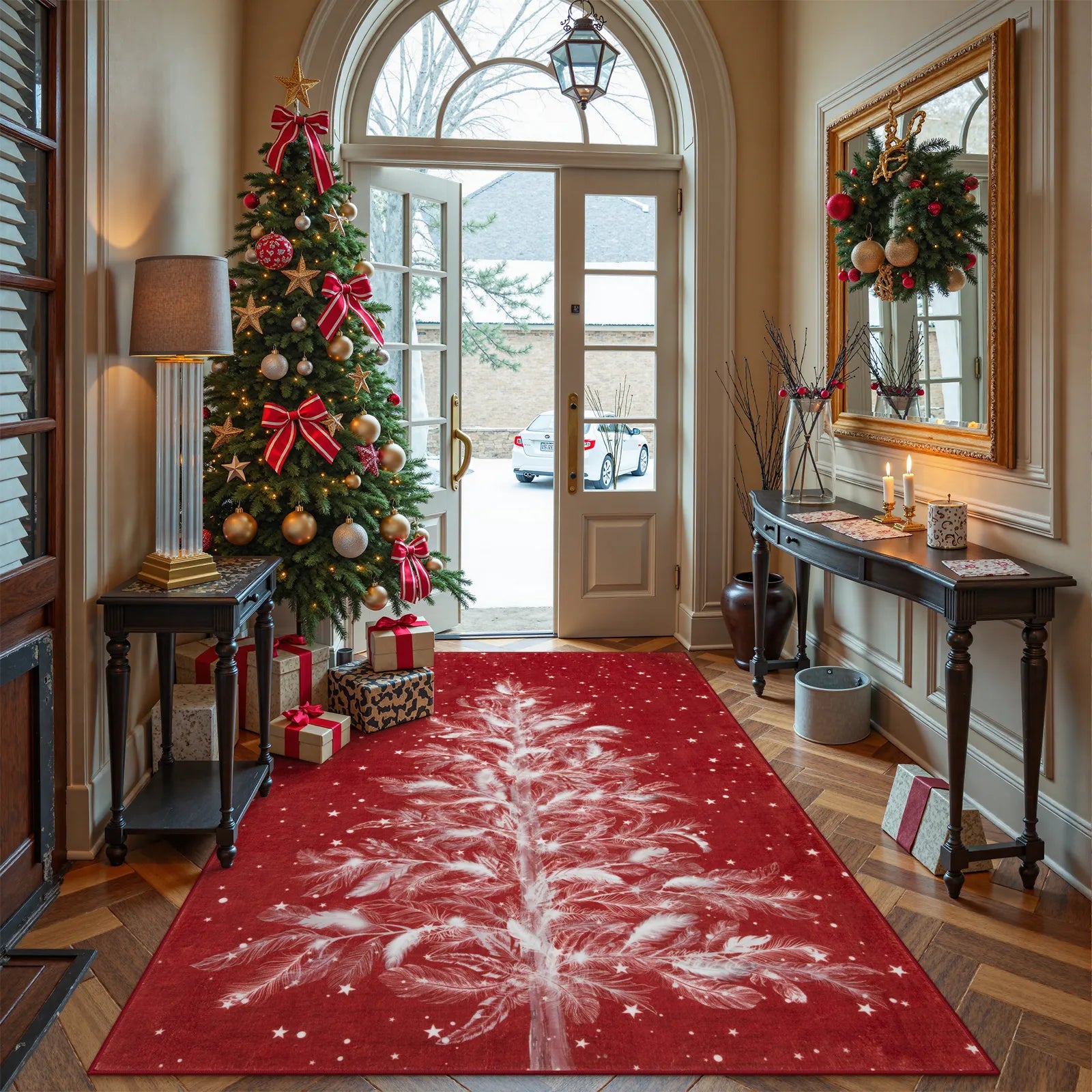 Velours Christmas Washable Tree and Snowflake Red Rug Area Rugs Lahome 4' x 6'