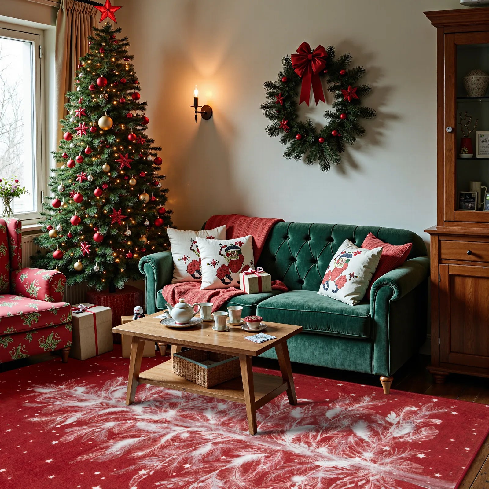 Velours Christmas Washable Tree and Snowflake Red Rug Area Rugs Lahome