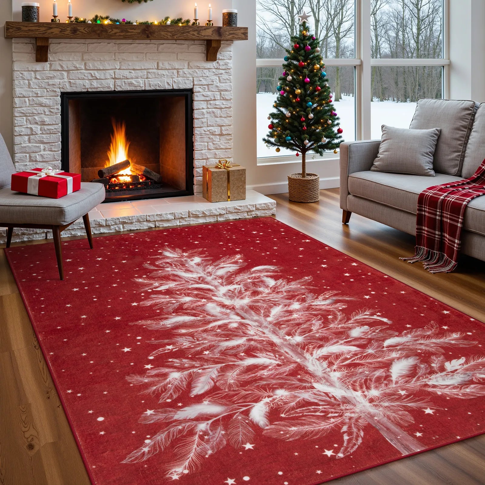 Velours Christmas Washable Tree and Snowflake Red Rug Area Rugs Lahome