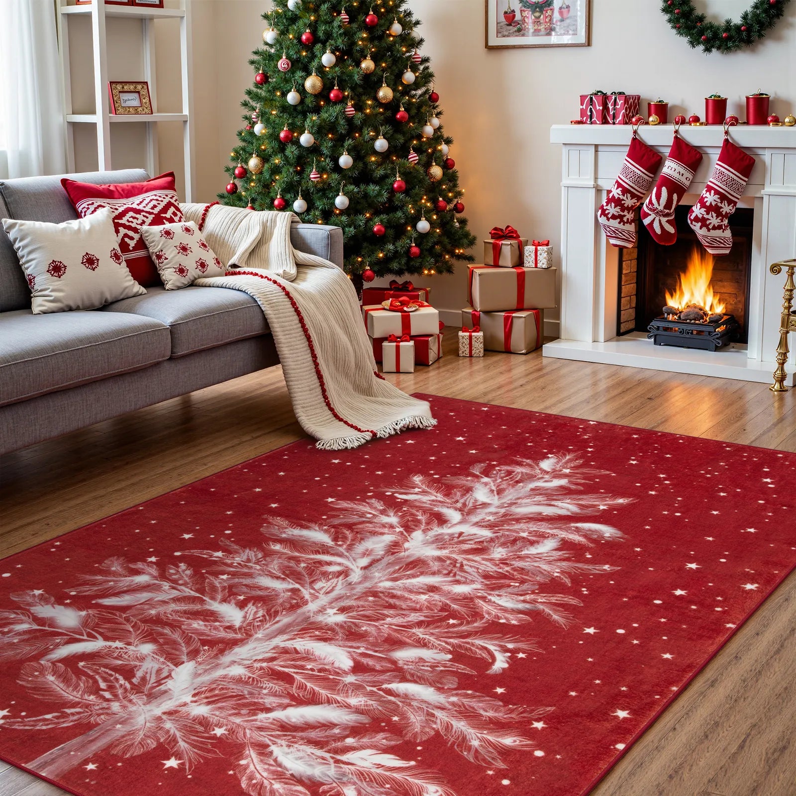 Velours Christmas Washable Tree and Snowflake Red Rug Area Rugs Lahome