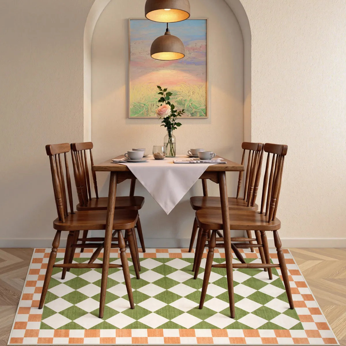 Virginie Washable Modern Checkerboard Green/Orange Rug Rugs Lahome