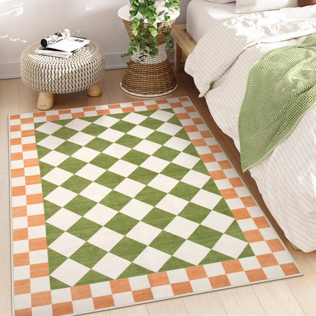 Virginie Washable Modern Checkerboard Green/Orange Rug Rugs Lahome