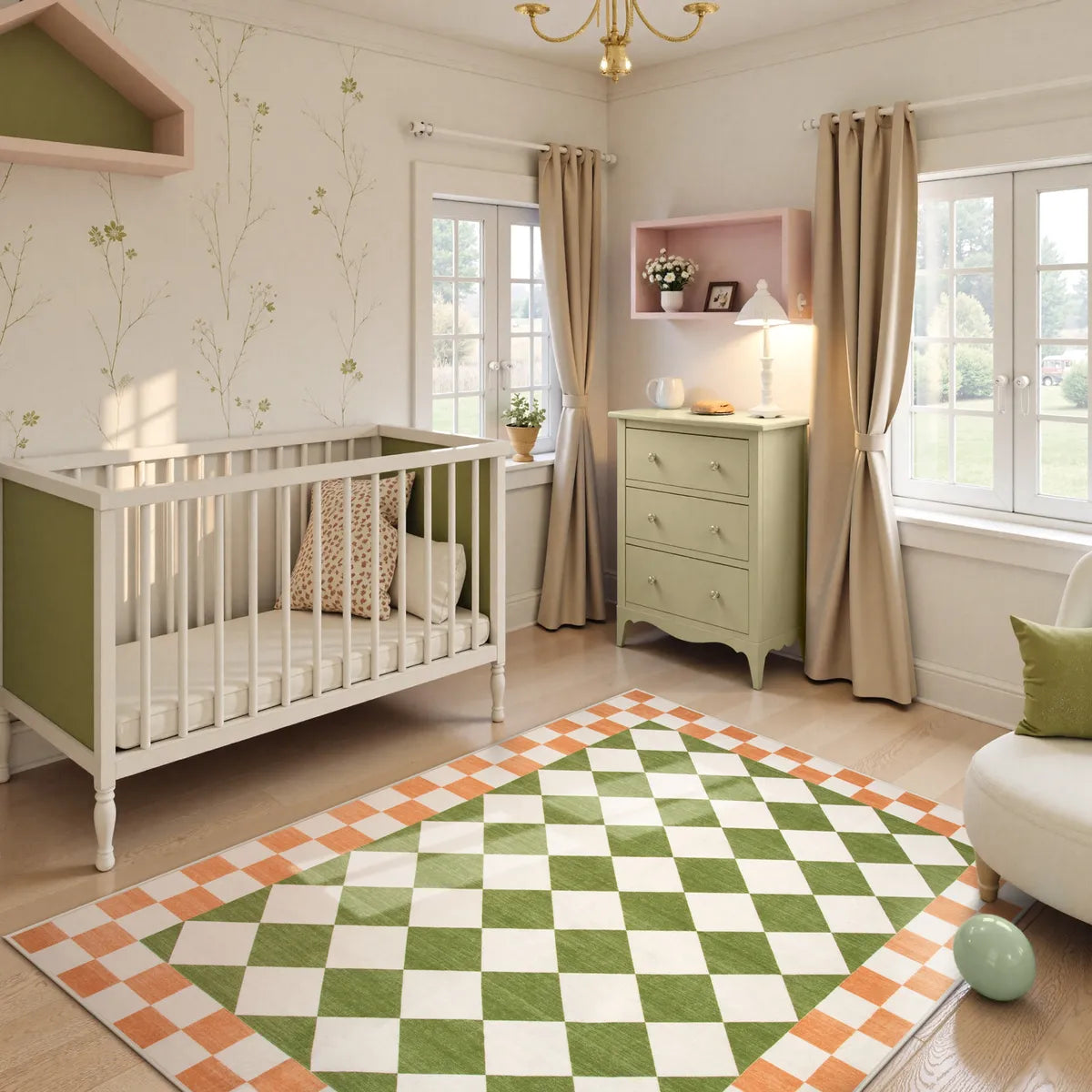 Virginie Washable Modern Checkerboard Green/Orange Rug Rugs Lahome 4' x 6'