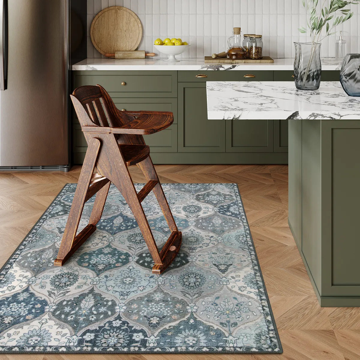 Elise Washable Ultra-thin Vintage Floral Moroccan Trellis Blue Rug Area Rugs Lahome 4' x 6'