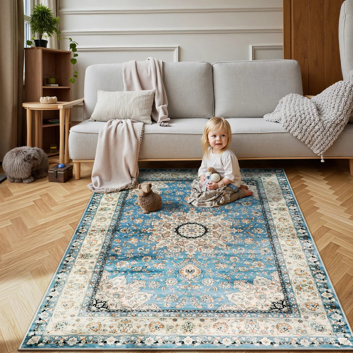Alodie Washable Distressed Oriental Floral Medallion Blue Area Rug Clearance Rugs Lahome