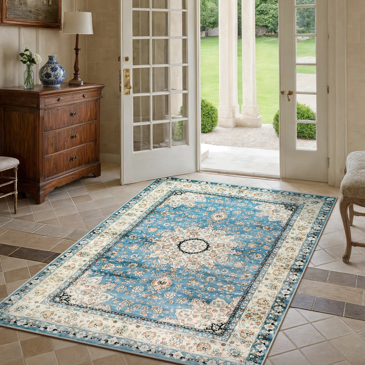Alodie Washable Distressed Oriental Floral Medallion Blue Area Rug Clearance Rugs Lahome 4' x 6'