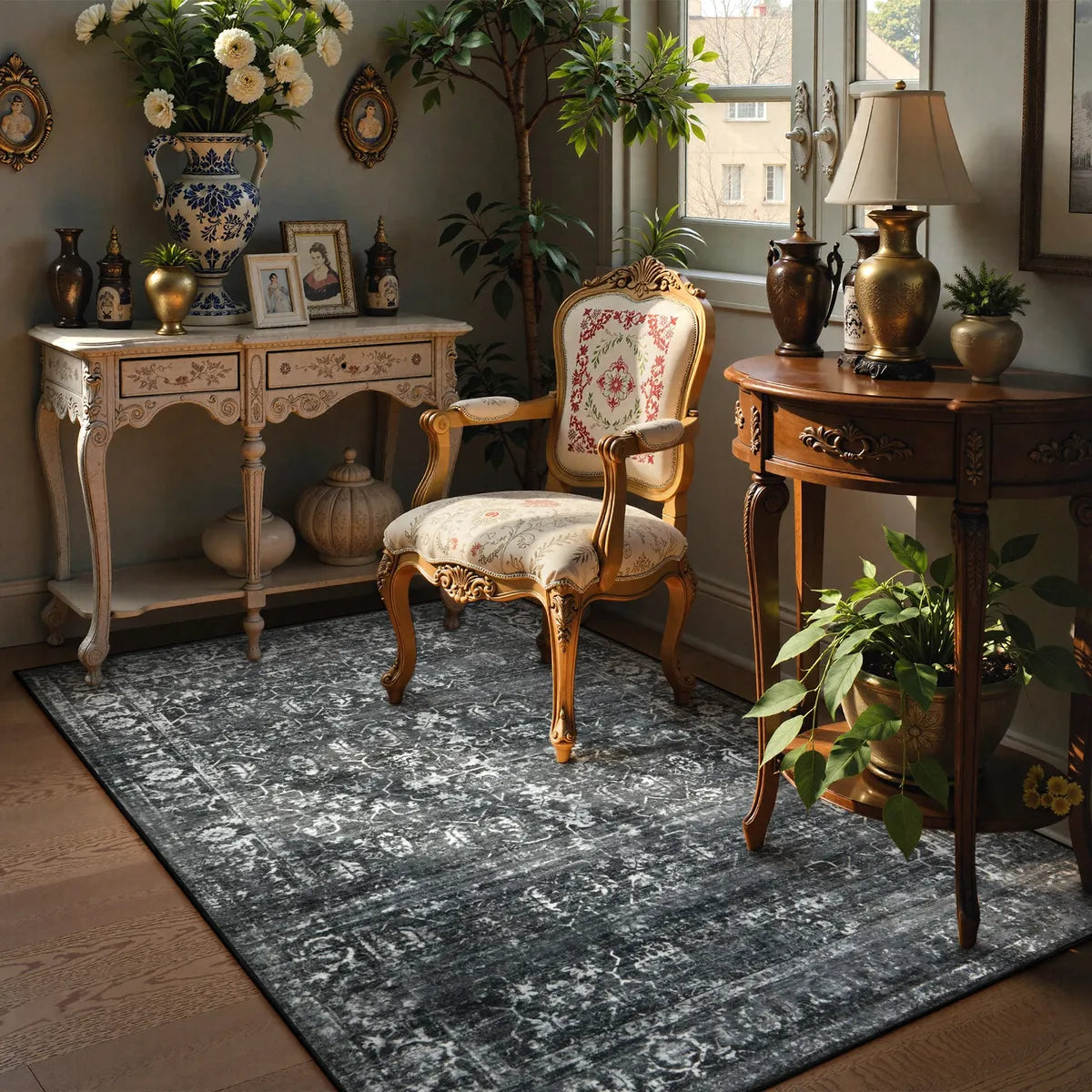 Margot Washable Vintage Distressed Black/Grey Rug Area Rugs Lahome 4' x 6'