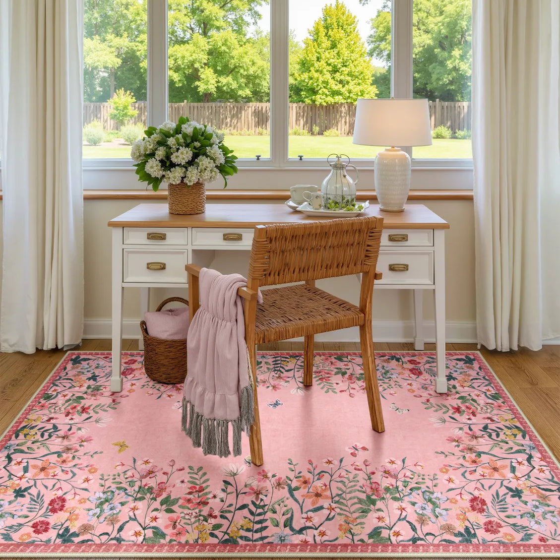 Clearance Solene Washable Modern Blooming Floral Garden Pink Rug Clearance Rugs Lahome