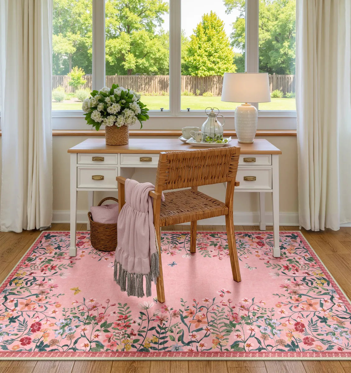Clearance Solene Washable Modern Blooming Floral Garden Pink Rug Clearance Rugs Lahome