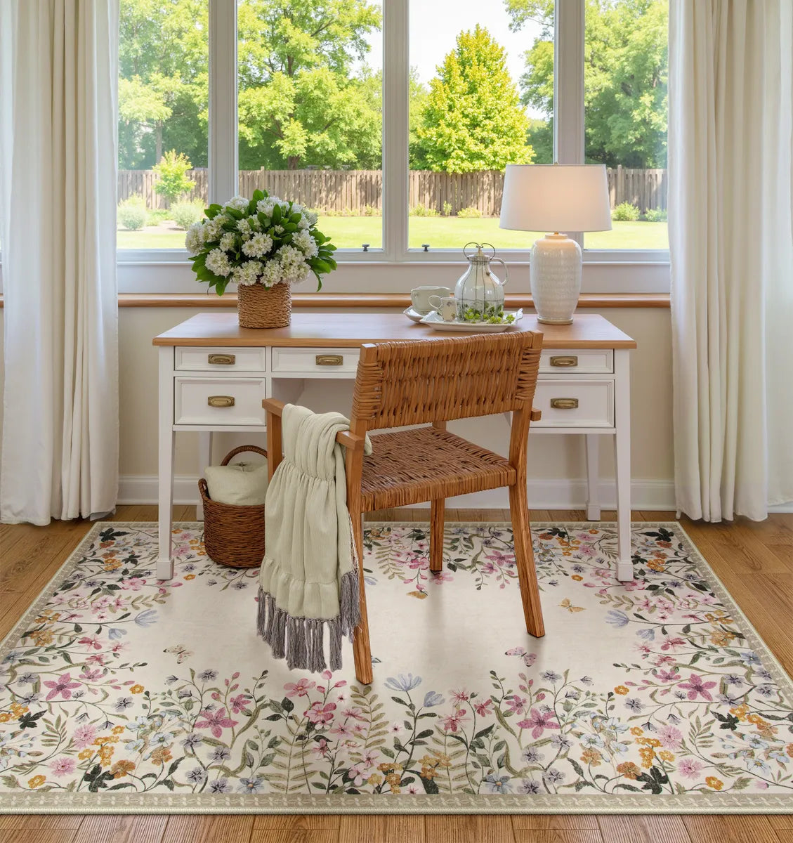 Solene Washable Modern Blooming Floral Garden Beige Rug Area Rugs Lahome