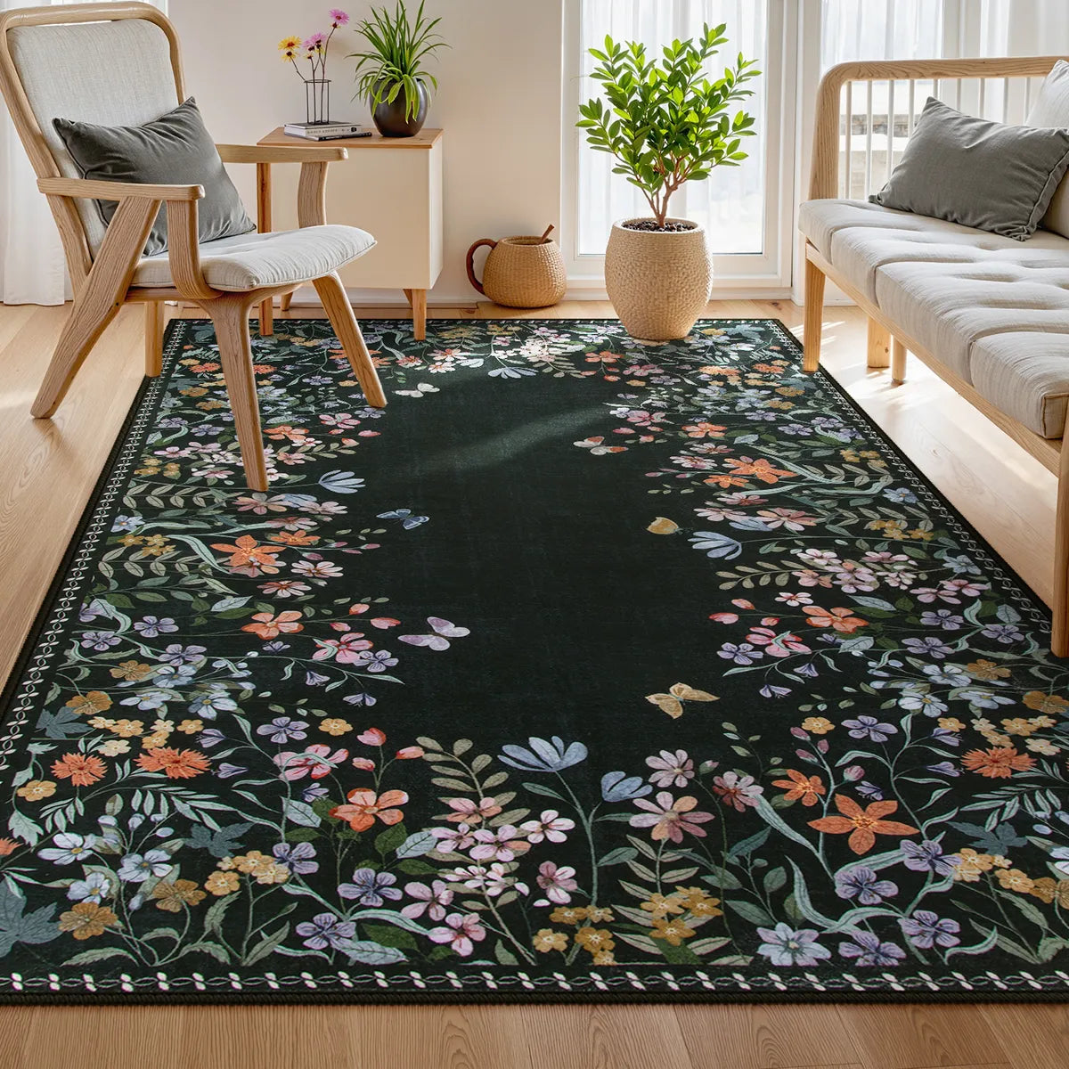 Solene Washable Modern Blooming Floral Garden Black Rug Area Rugs Lahome 4' x 6'